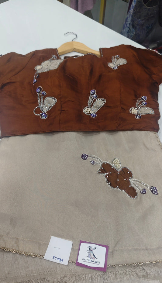 Beige Tissue Saree with All-Over Applique Work & Copper Brown Stitched Blouse